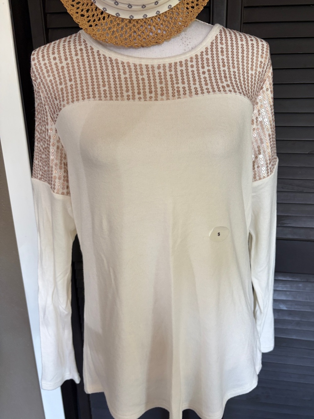 Maurices Cream Long-Sleeve Top with Sequin Yoke